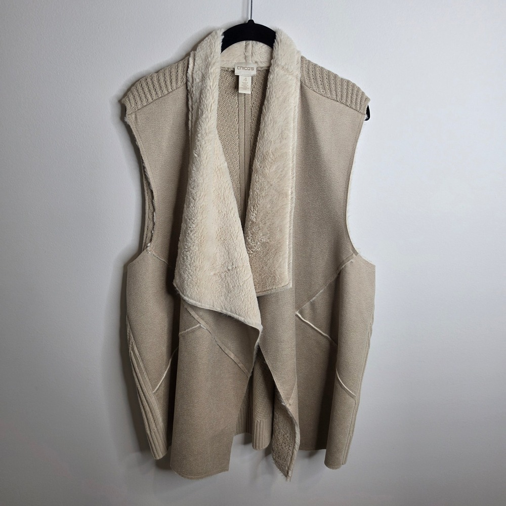 Chico's Open Front Vest Womens 4 (20) Faux Suede Shearling Knit Back